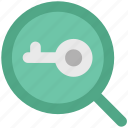 analyzing, discovery, key sign, magnifier, opportunity, research symbol, search