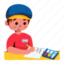 mathematical calculations, rates calculations, warehouse worker, boy calculating, using calculator 