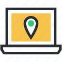laptop, location finder, map pin, online map, online navigation
