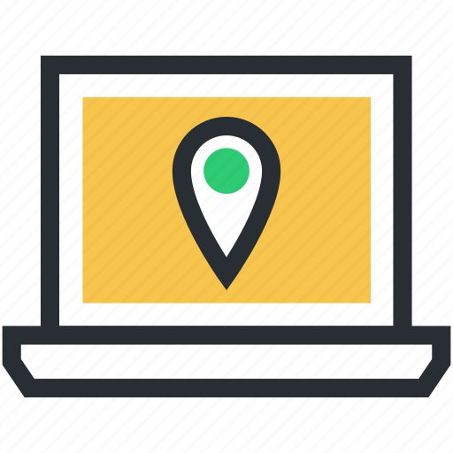 Laptop, location finder, map pin, online map, online navigation icon - Download on Iconfinder