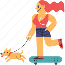 dog, walking, skate, girl, skateboard