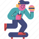 skateboard, and, burger, riding, eating, lunch