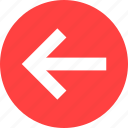 arrow, circle, direction, left, previous, red, west