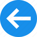arrow, blue, circle, direction, left, previous, west
