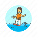 sports, wakeboarding, boat, drag, sea, water, wave, woman