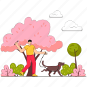 play, dog, activity, pet, park, person, tree, spring, holiday