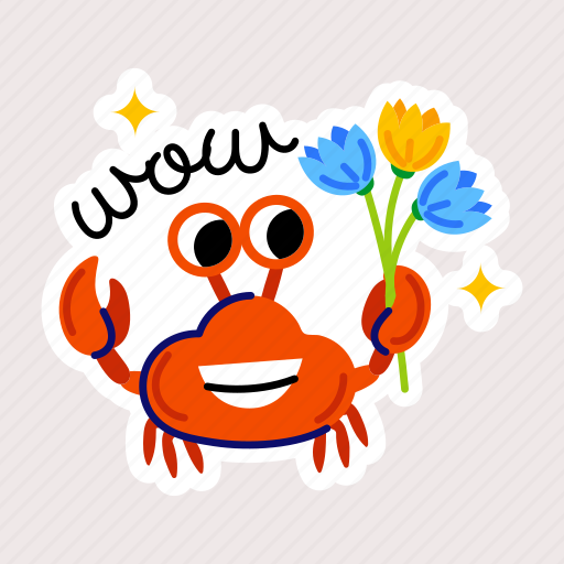 Crab, happy crab, holding flowers, crustacean, sea creature sticker - Download on Iconfinder