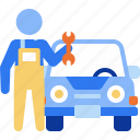 mechanic, mechanic car, man, garage, car, automotive, repair, service, stick figure