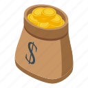 gold, coins, bag, isometric