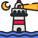 lighthouse, buildings, tower, moon, sea