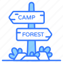 signpost, guidepost, direction, signboard, forest, camp, arrow