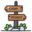signpost, guidepost, direction, signboard, forest, camp, arrow 
