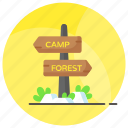 signpost, guidepost, direction, signboard, forest, camp, arrow