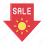 arrow, sale, sign, sticker, summer, sun 