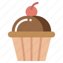 bakery, cake, cherry, chocolate, cupcake, food, pan