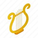 harp, instrument, isometric, lyre, music, musical, string