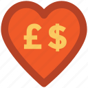 currency, currency symbol, dollar, dollar pound, exchange, heart, money 
