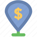 bank, dollar sign, gps, location, locator, map pin, navigation 