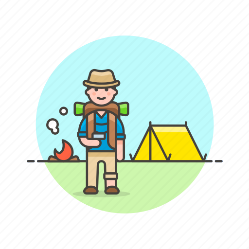 Hiking, travel, adventure, camp, fire, man, tent icon - Download on Iconfinder