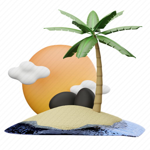 Island, beach, tree, tropical, stone, plant, nature 3D illustration - Download on Iconfinder