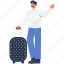 man, vacation, tourist, travel, holiday, character, people, happy, luggage 