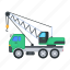 crane truck, crane lorry, crane vehicle, crane loader, construction vehicle 