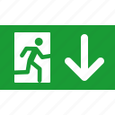 arrow, down, emergency, exit, green, out, sign