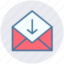 down, email, envelope, letter, mail, message, open envelope