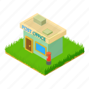 post, office, isometric, building, postbox
