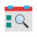 calendar, date, day, event, find, magnifying, search 