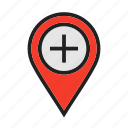 aid, church, location, map, medical, pin, venue
