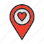 favorite, heart, location icon, map locator, pin map 