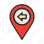 arrow, left, location, map, move, pin, venue 