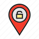 location, map, padlock, pin, security, unlock, venue