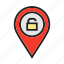 location, map, padlock, pin, security, unlock, venue 