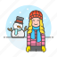 snow, snowman, cold, earflap, weather, meteorology, winter, hat, gloves, female, pom 