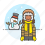 cold, earflap, female, gloves, hat, meteorology, pom, snow, snowman, weather, winter 