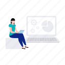 piechart, setting, female, working, laptop