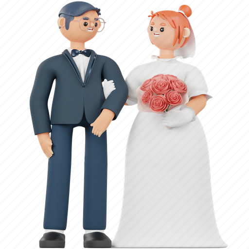 Bride, groom, bouquet, couple, wedding, valentine, love 3D illustration - Download on Iconfinder