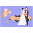 wedding, car, balloons, couple, ride