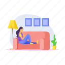 girl, sitting, couch, weekend, activity