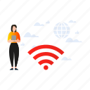 girl, standing, wifi, network, connection