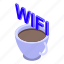 free, wifi, zone, coffee, cup, isometric 