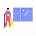 boy, cleaning, window, brush, bucket