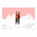 couple, standing, snowy, winter, holiday