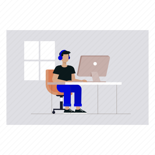 Boy, wearing, headphone, working, desk icon - Download on Iconfinder