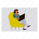 female, sitting, sofa, working, laptop