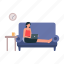 female, working, fromhome, sitting, sofa 