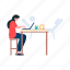 female, working, laptop, girl, table 