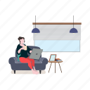 female, working, laptop, sofa, coffee